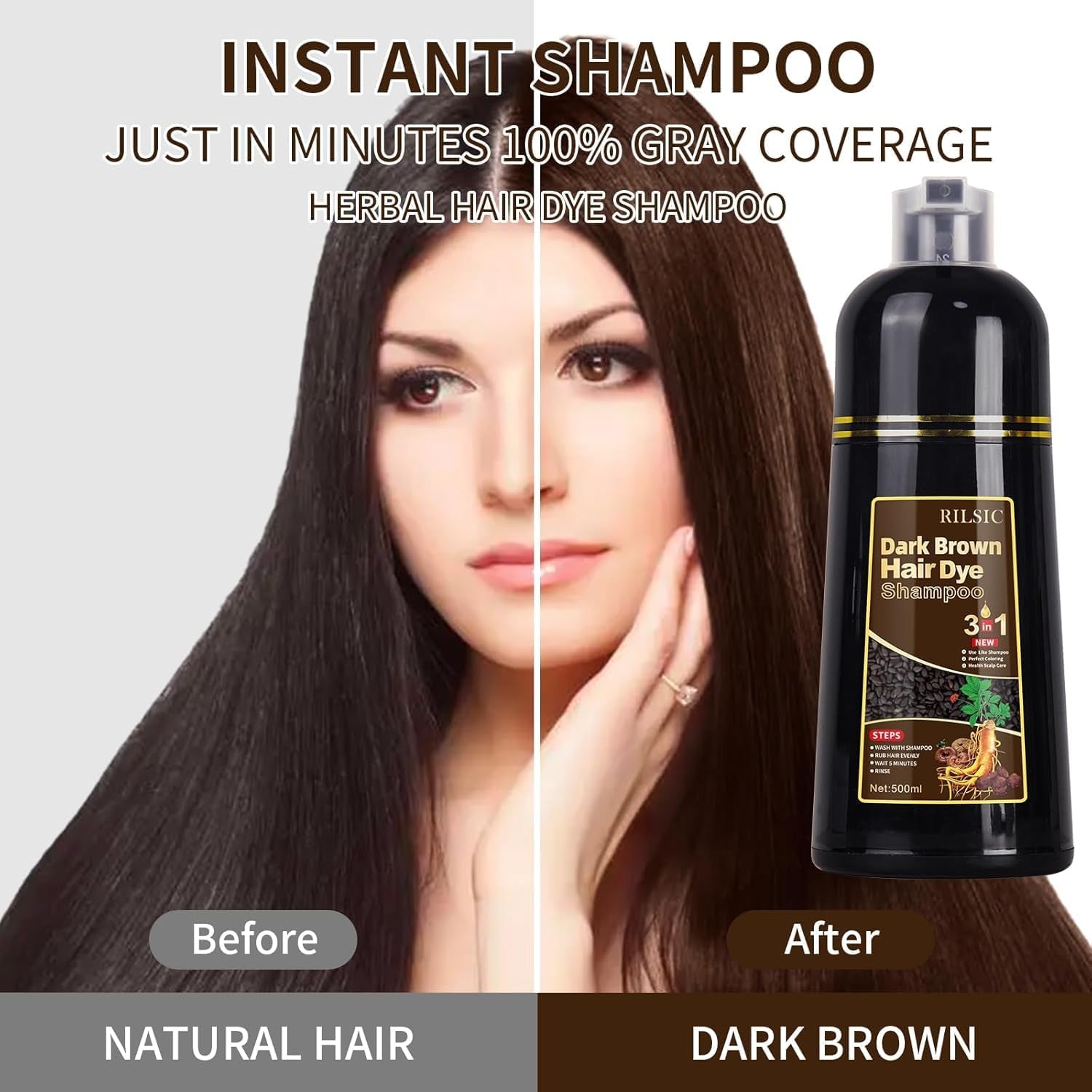 Shampooing colorant pour cheveux , shampooing de coloration instantanée 300ML 3 en 1, shampooing colorant pour cheveux naturel et longue durée pour femmes hommes, coloration capillaire en quelques minutes