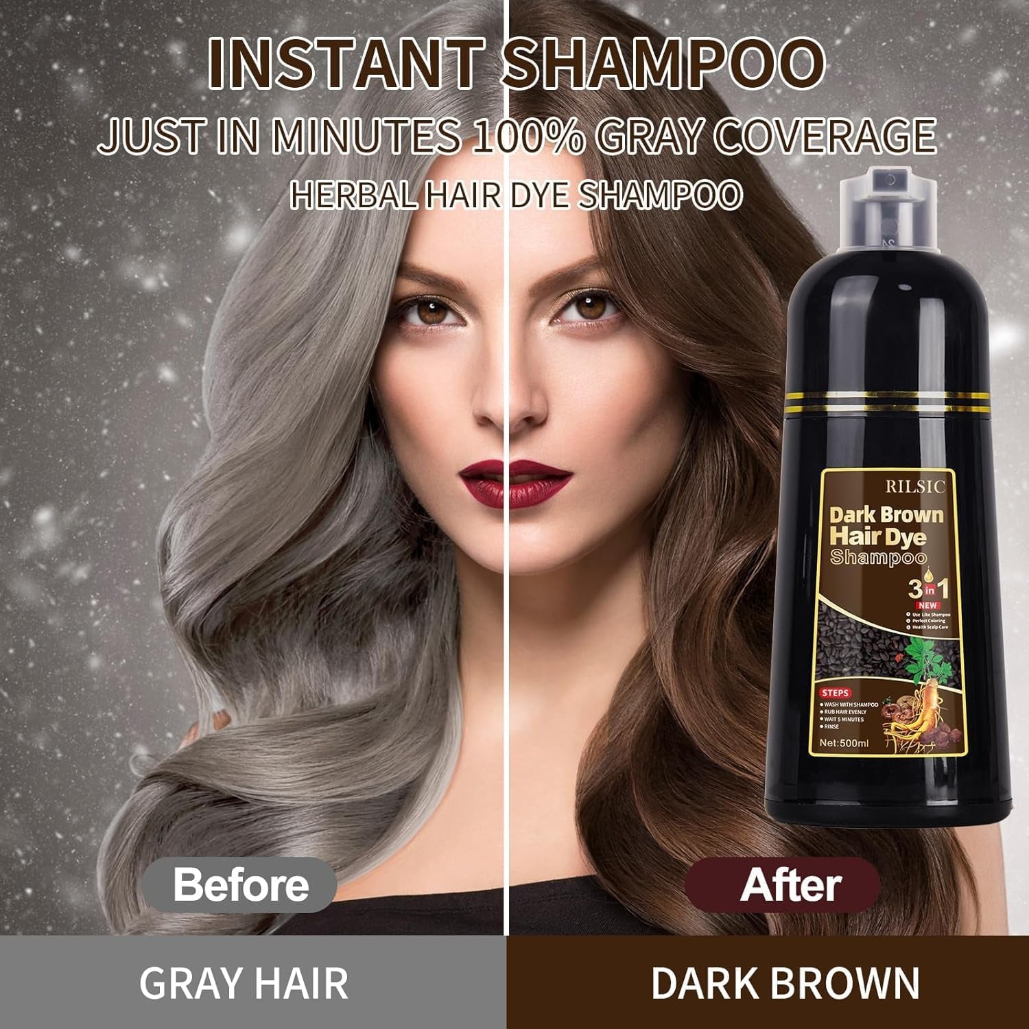 Shampooing colorant pour cheveux , shampooing de coloration instantanée 300ML 3 en 1, shampooing colorant pour cheveux naturel et longue durée pour femmes hommes, coloration capillaire en quelques minutes